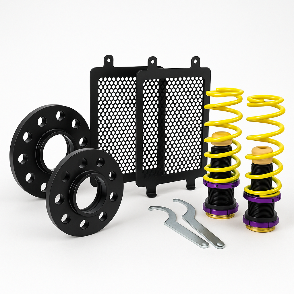 StartPack BMW M4 G82 – KW HAS adjustable springs · Eibach 15/12 mm spacers · Kitsune aluminum wheel arch grilles 