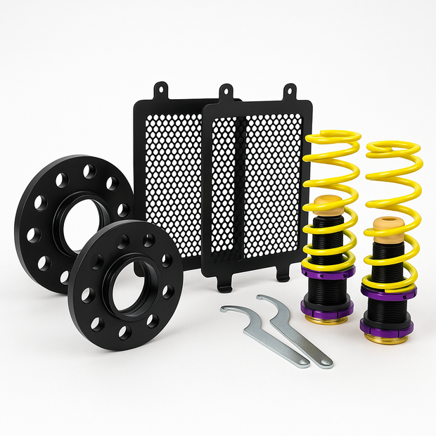 StartPack BMW M3 G80– regulowane sprężyny KW HAS · dystanse Eibach 15 / 12 mm · aluminiowe kratki nadkola Kitsune